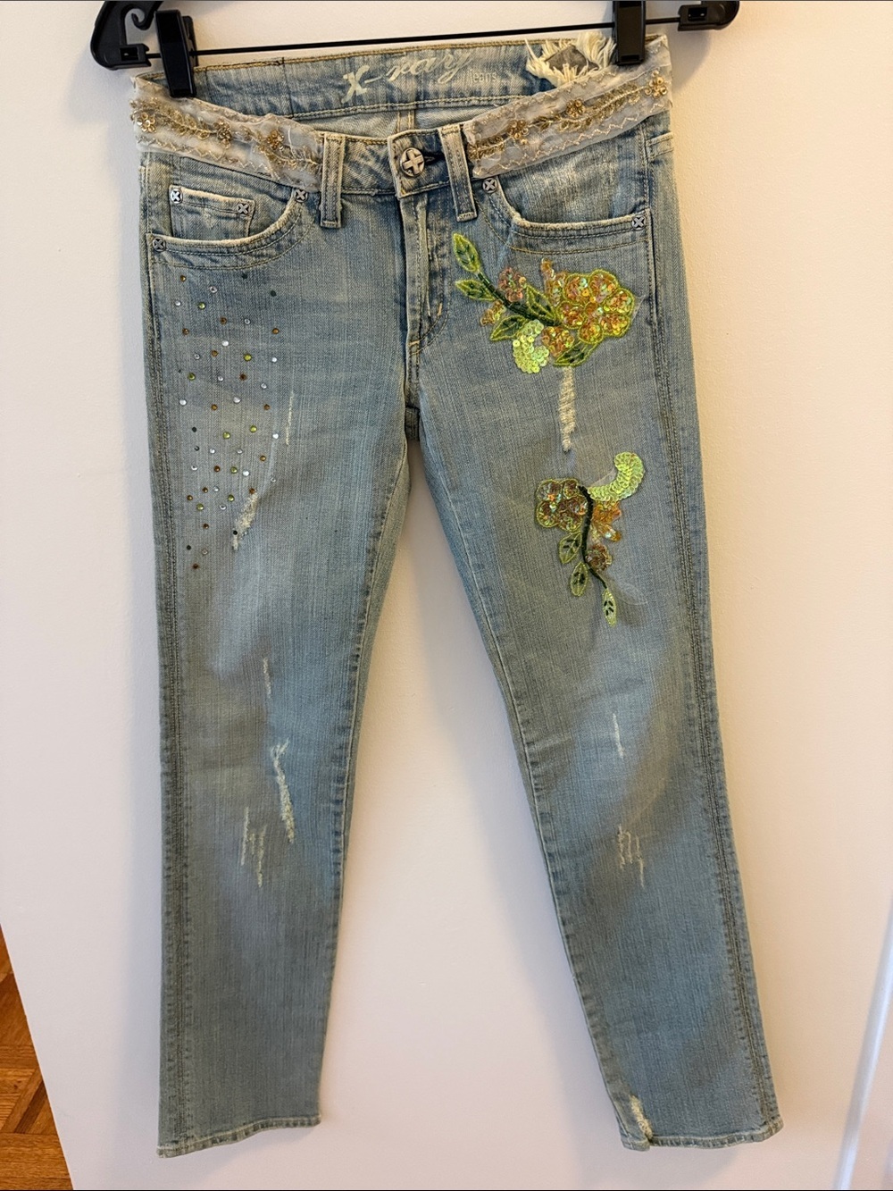 Vintage X-Ray Light Wash Jeans w/ Floral Sequin Embroidery & Lace Waistband.